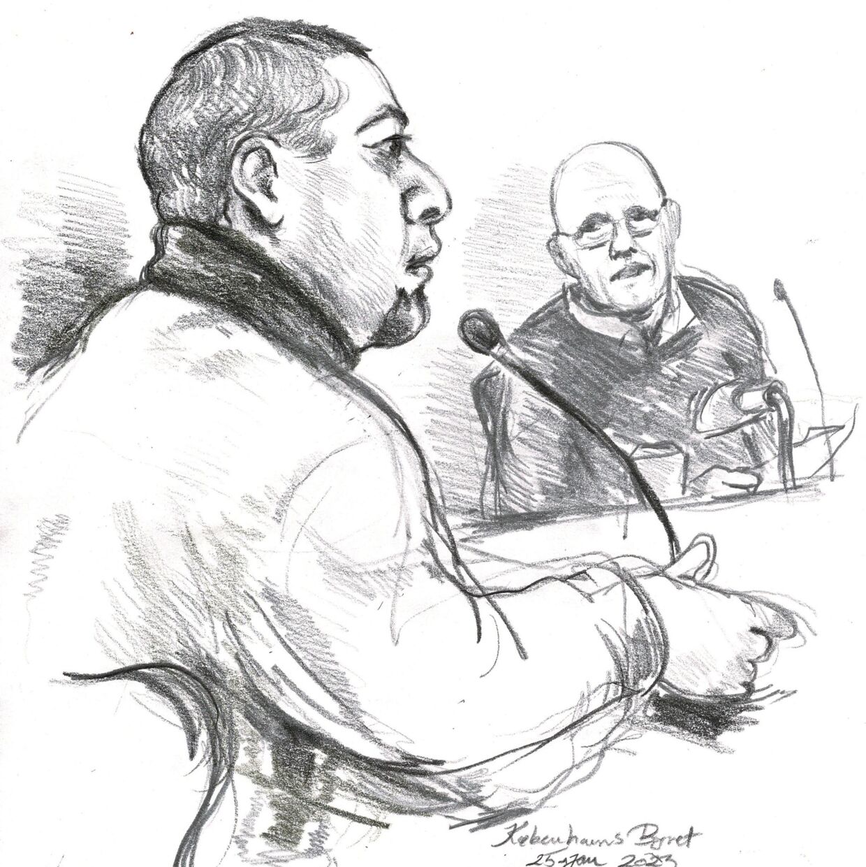 Mohammad Salah Iskandarani har i store træk tilstået både røveri, overgreb og flugt fra Nørre Snede Fængsel. Tegning: Anne Gyrite Schütt