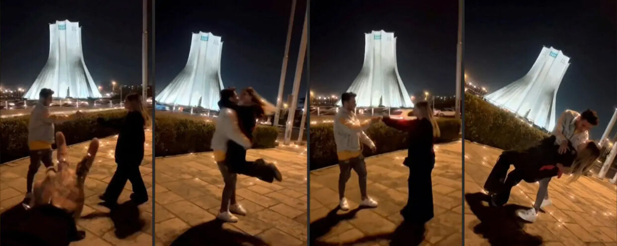 Astiyazh Haghighi og hendes forlovede Amir Mohammad Ahmadi danser foran det mest berømte tårn i Teheran – Azadi Tower.