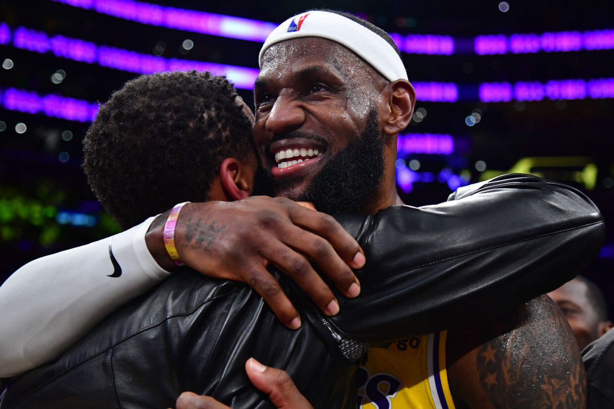 Feb 7, 2023; Los Angeles, California, USA; Los Angeles Lakers forward LeBron James (6) hugs agent Rich Paul after breaking the all-time scoring record in the third quarter against the Oklahoma City Thunder at Crypto.com Arena. Mandatory Credit: Gary A. Vasquez-USA TODAY Sports