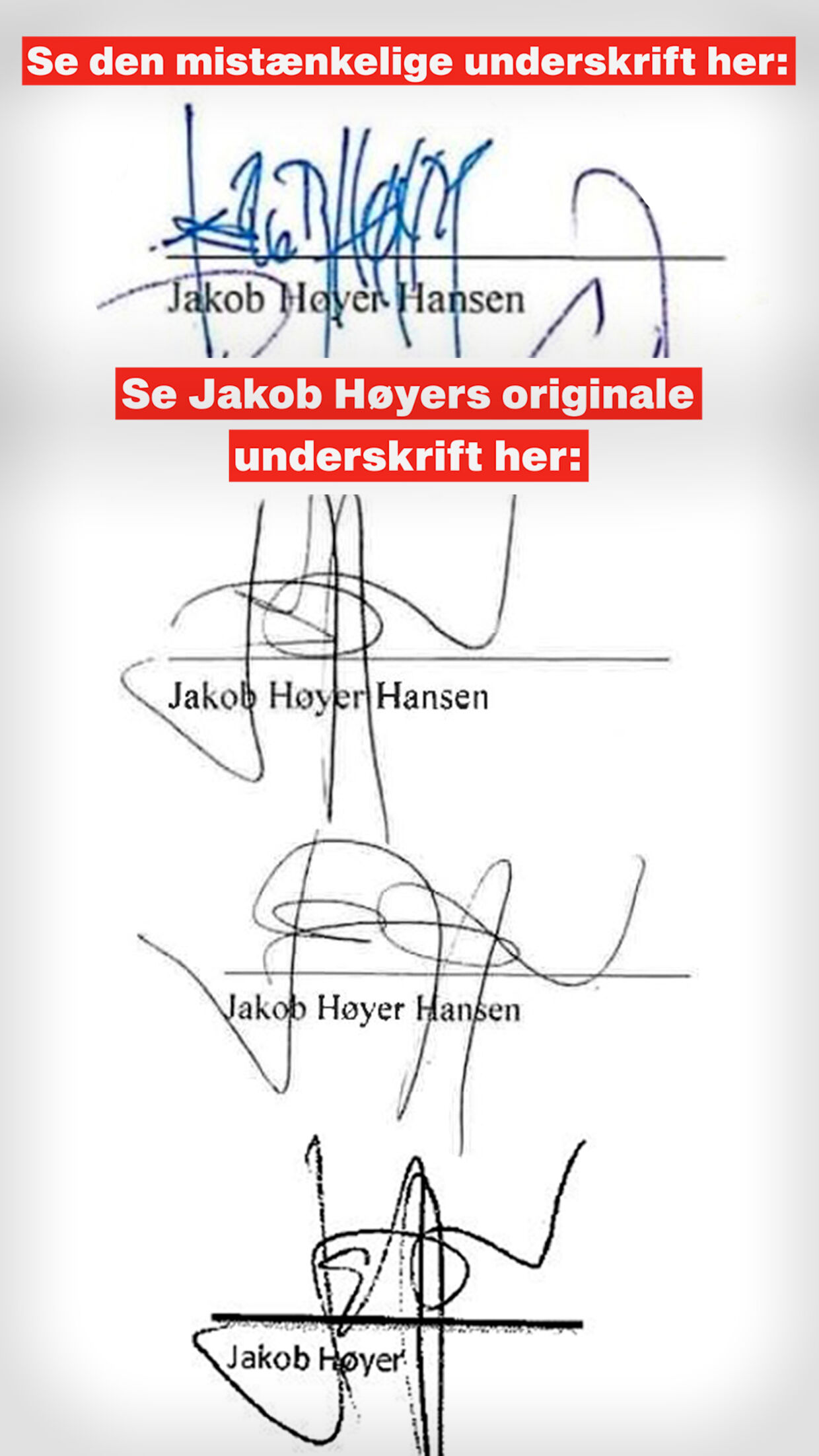 Ifølge grafolog Per F. Andersen er den øverste underskrift forfalsket. Det viser en sammenligning med Jakob Høyers andre underskrifter.
