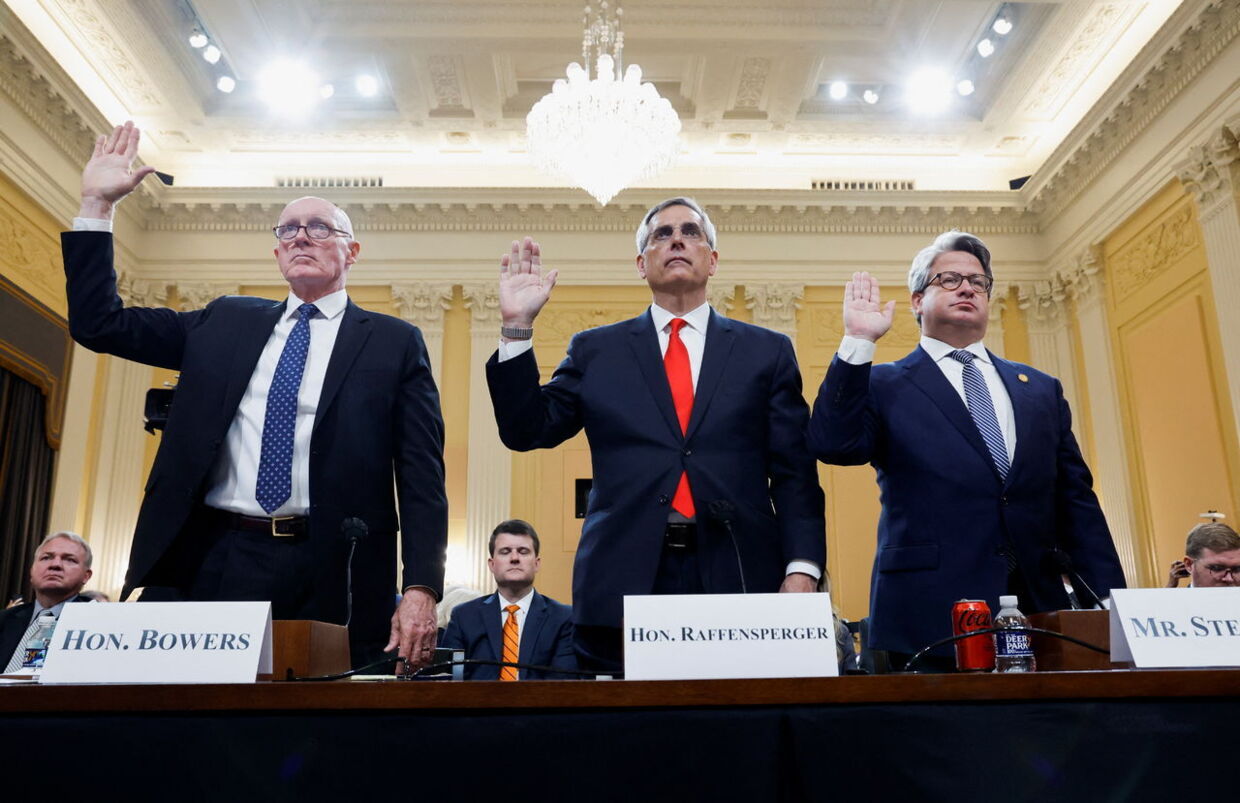 Arizona House Speaker Rusty Bowers, Georgia Secretary of State Brad Raffensperger and Georgia Secretary of State Chief Operating Officer Gabriel Sterling are sworn in to testify to the fourth of eight planned public hearings of the U.S. House Select Committee to investigate the January 6 Attack on the U.S. Capitol, on Capitol Hill in Washington, U.S. June 21, 2022. REUTERS/Jonathan Ernst