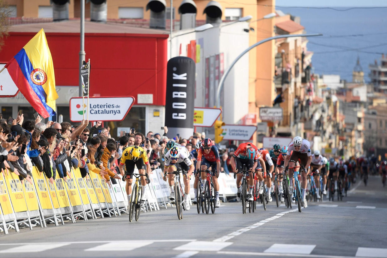 Et voldsomt styrt satte sit præg på 1. etape af Catalonien Rundt, som Primoz Roglic vandt foran Remco Evenepoel. Josep Lago/Ritzau Scanpix