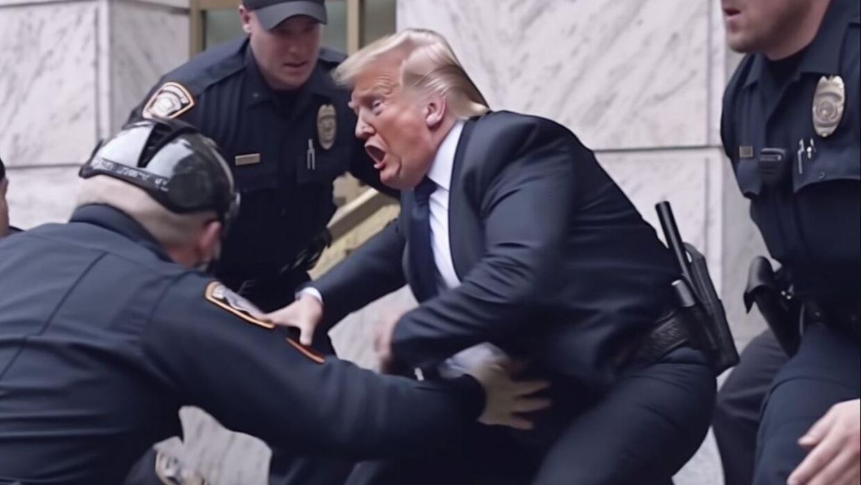 Her ses det falske billede af Donald Trump og betjentene.