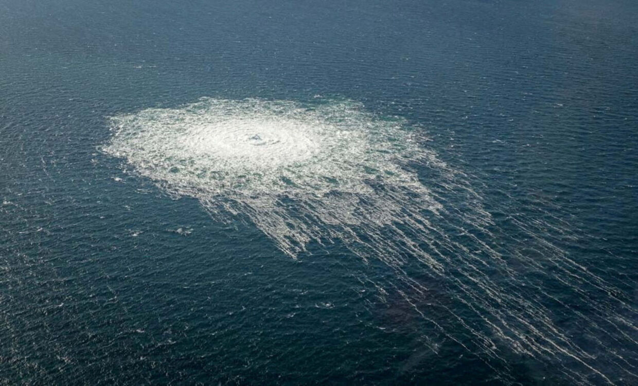 FILE PHOTO: Gas bubbles from the Nord Stream 2 leak reaching surface of the Baltic Sea in the area shows a disturbance of well over one kilometre in diameter near Bornholm, Denmark, September 27, 2022. Danish Defence Command/Handout via REUTERS THIS IMAGE HAS BEEN SUPPLIED BY A THIRD PARTY/File Photo
