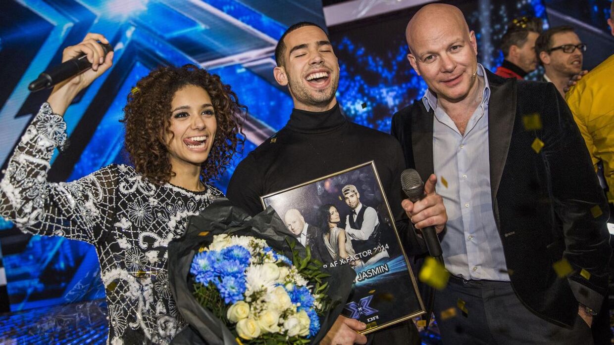 Jasmin Dahl, da hun sammen med Anthony Lopez og deres mentor Thomas Blachman vandt 'X Factor' i 2014.
