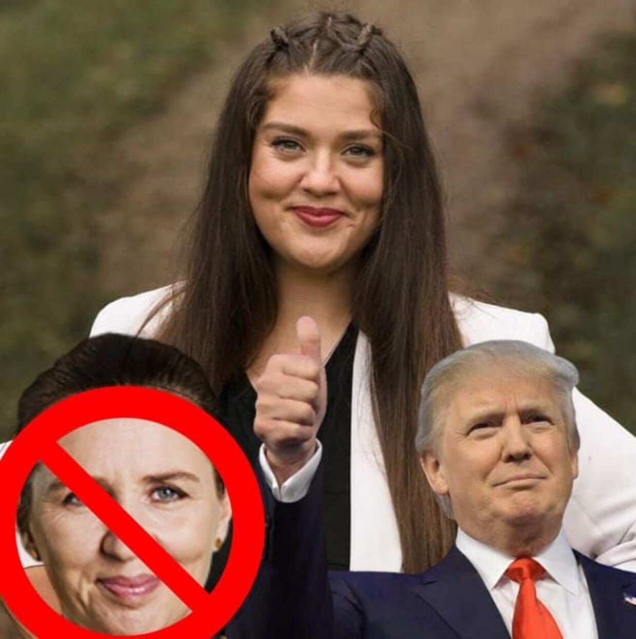 Vivian Alexandru har som profilbillede sig selv med Mette Frederiksen, der har en rød streg henover, og så Trump. Sidstnævnte støtter hun dog modsat Mette Frederiksen. 