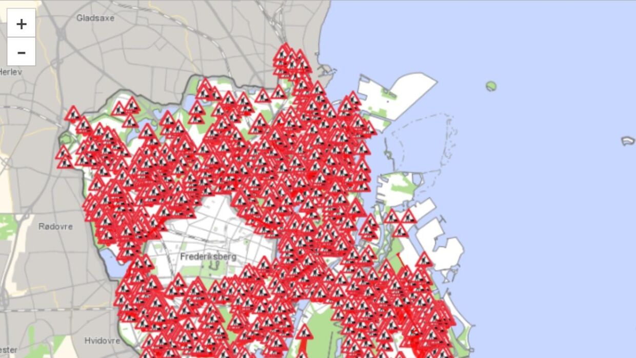 Et kort fra Københavns Kommune viser et overblik over aktuelt vejarbejde i København. De røde trekanter indikerer steder, hvor der foregår vejarbejde. Foto: Københavns Kommune (25-05-2023)