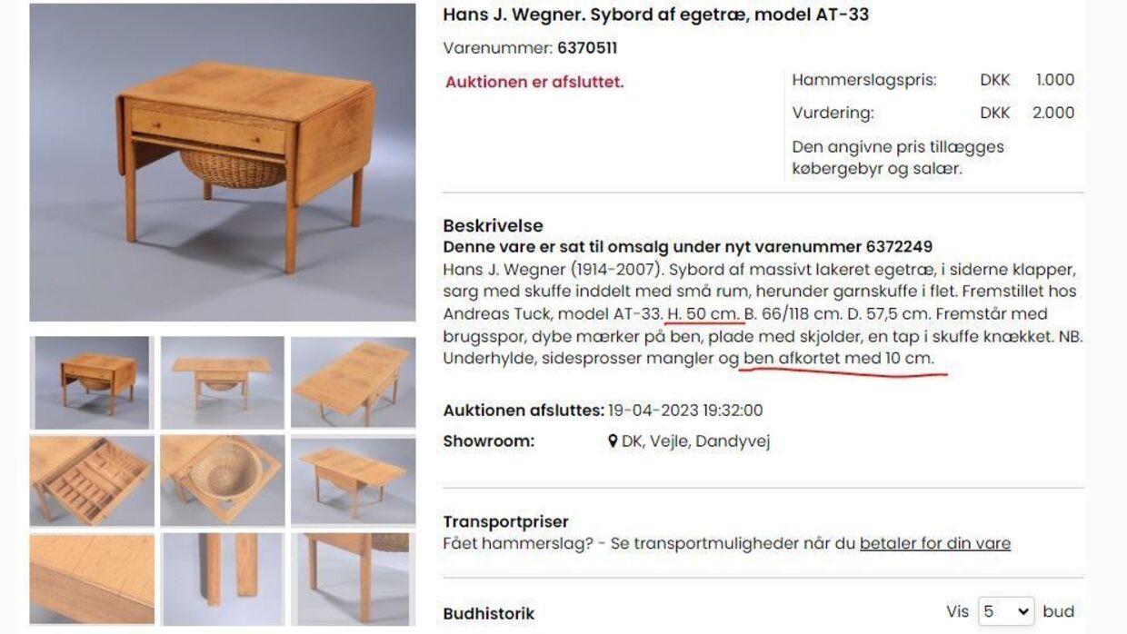 Wegner-sybordet blev solgt igen 19. april 2023. Denne gang gjorde Lauritz.com opmærksom på, at bordets ben var forkortet med 10 centimeter.