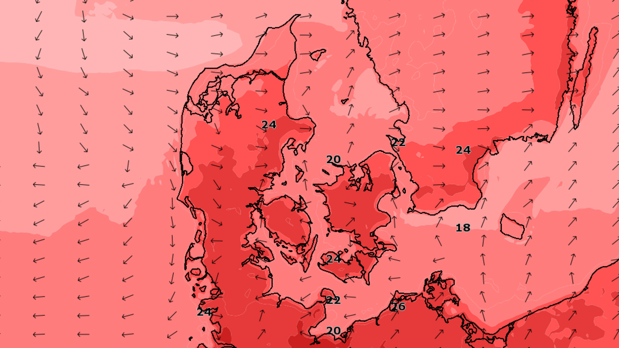 I dag fortsætter det flotte sommerlige vejr. Jo mørkere nuance af rød på kortet, desto varmere bliver det.