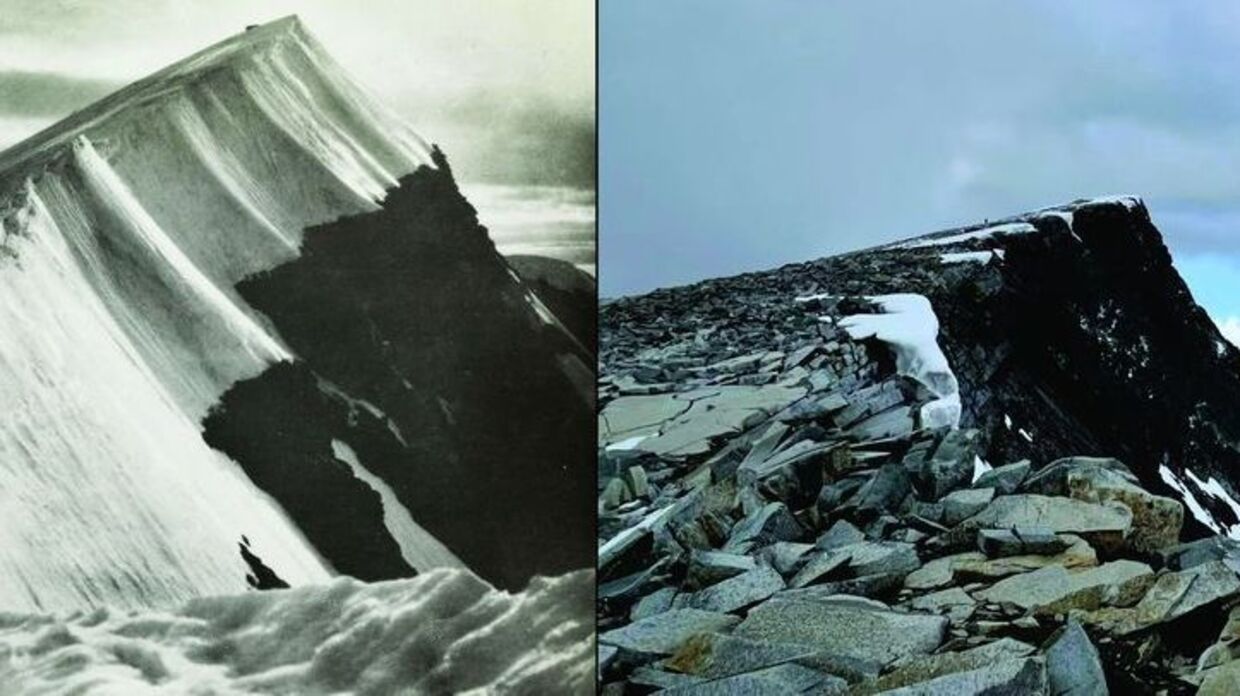 Det norske fjeld Glittertind fotograferet i henholdsvis 1910 (til venstre) og 2023 (til højre).
