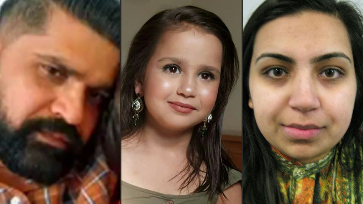 Politibilleder af afdøde Sara Sharif (i midten), pigens far Urfan Sharif (til venstre) og stedmor Beinash Batool (til højre).