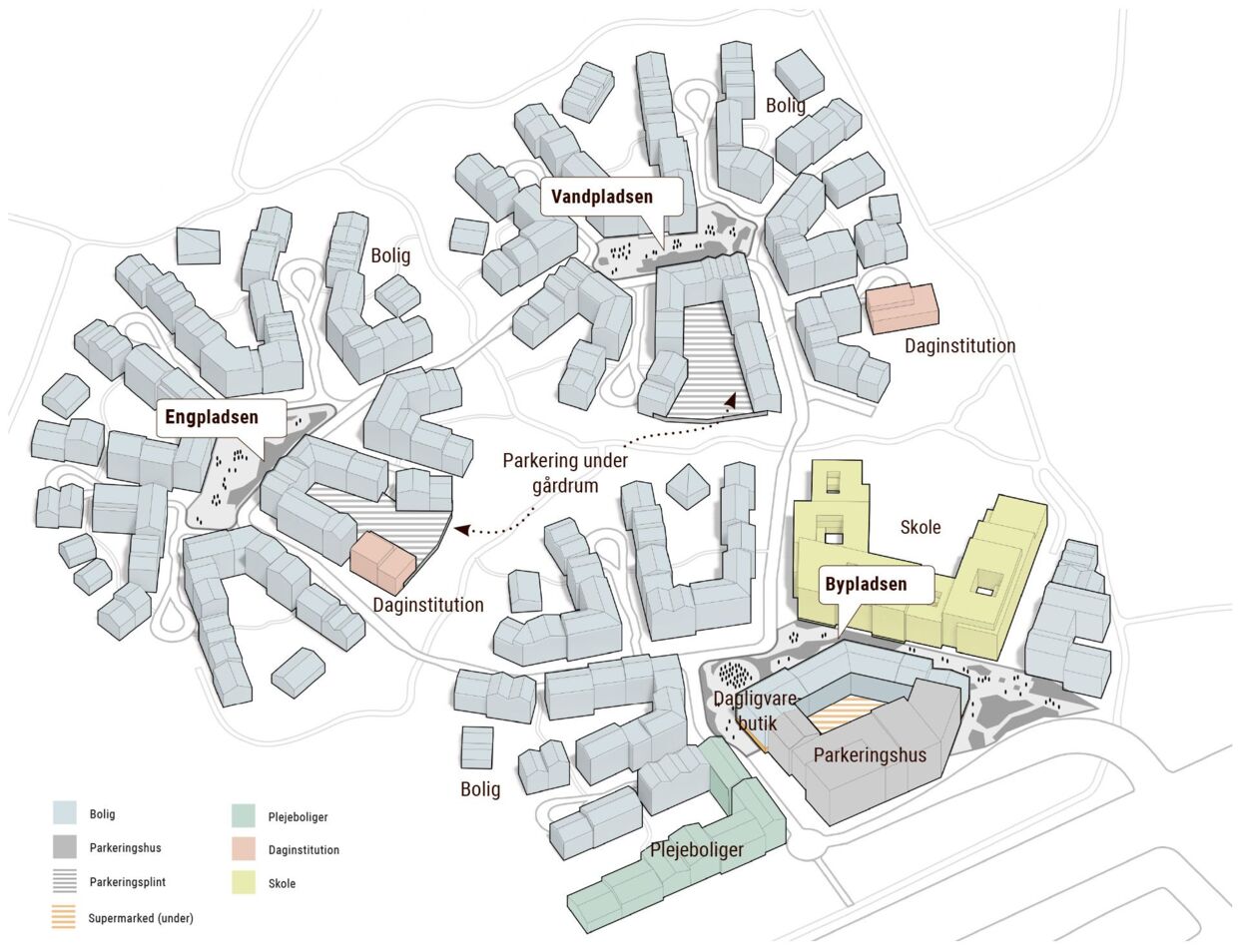 På planerne over byggeriet på Amager Fælled optræder en skole (i gult). Den kommer ikke til at stå klar før 2031.