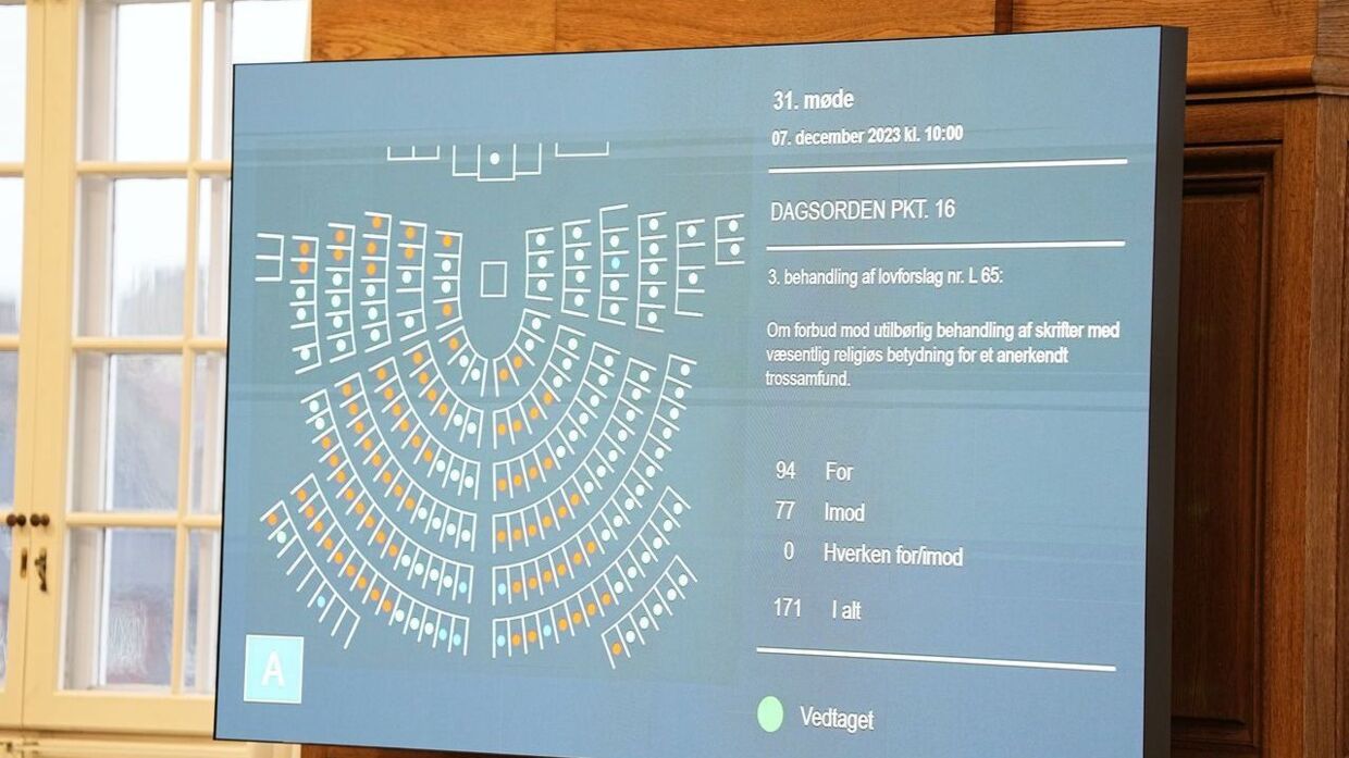 Regeringen, Radikale Venstre og Jon Stephensen stemte for lovforslaget, der blev stemt igennem med 94 for og 77 imod. Loven træder i kraft 1. januar 2024. 