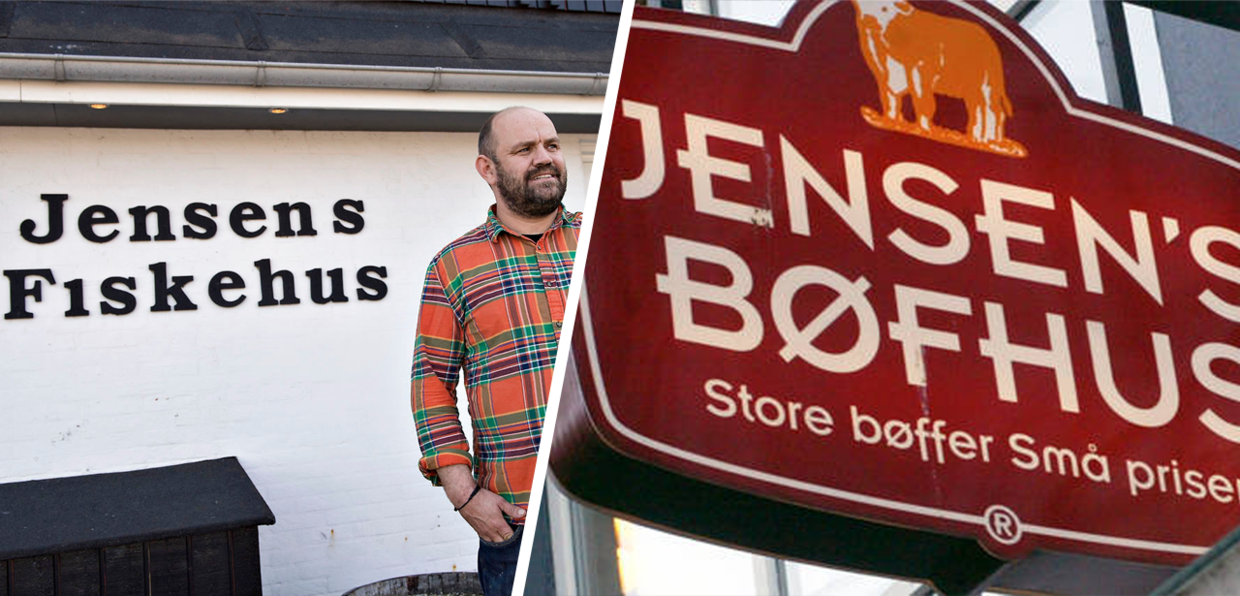 Her ses Jacob Jensen foran sin lille restaurant, som han ikke længere må kalde Jensens Fiskehus for restaurantkæden Jensen's Bøfhus.