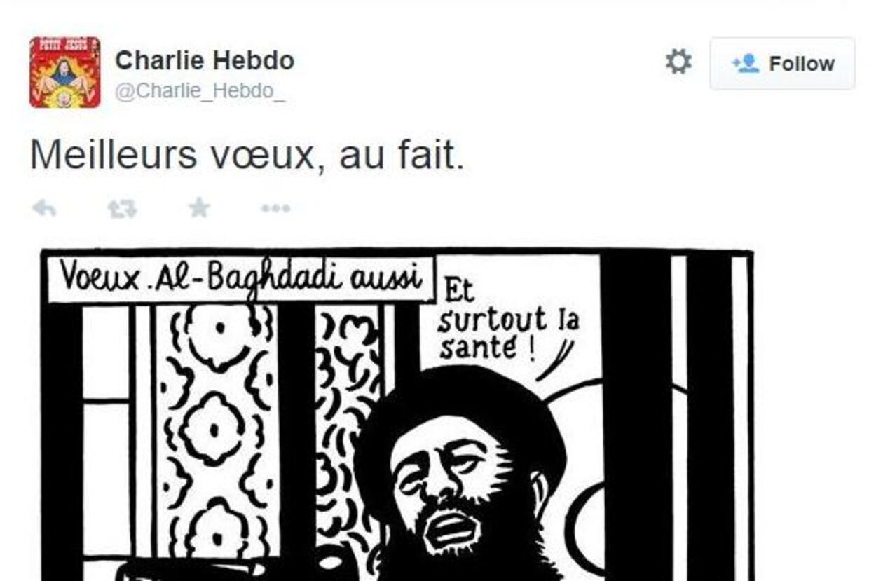 Denne tegning blev delt fra Charlie Hebdos Twitter-konto ganske kort før det brutale angreb på magasinet.