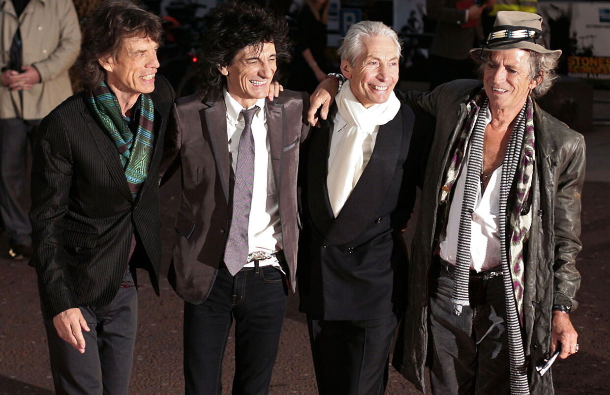 Her er Rolling Stones samlet ved den britiske premiere af Scorsese-koncertfilmen, 'Shine a Light' i 2008. Fra venstre er det Mick Jagger, Ronnie Wood, Charlie Watts og Keith Richards.