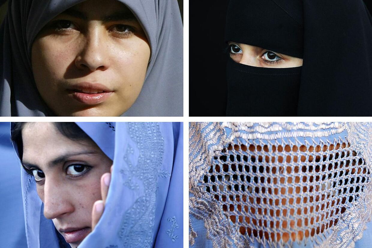Her kan du se forskellen på en hijab (øverst til venstre), en niqab (øverst til højre), en tchador (nederst til venstre) og en burka (nederst til højre). Det er altså det sidstnævnte, DF vil indføre forbud mod at bære.