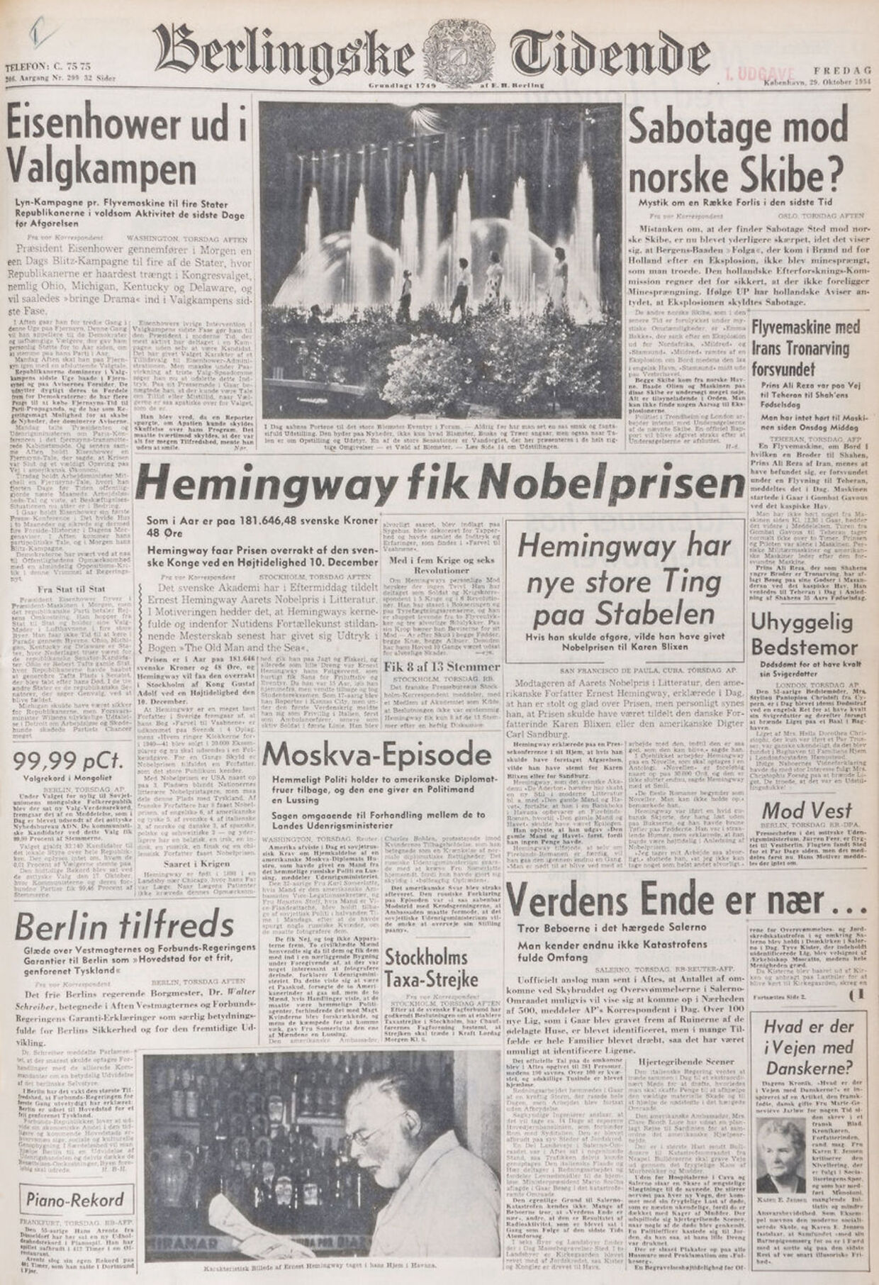 Forsiden af Berlingskes førsteudgave fredag d. 29. oktober 1954, dagen efter nyheden om, at Hemingway havde sagt pæne ord om Karen Blixen.