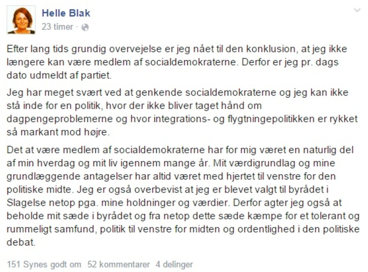 Helle Blak offentliggjorde selv sit brud med Socialdemokraterne på Facebook. 