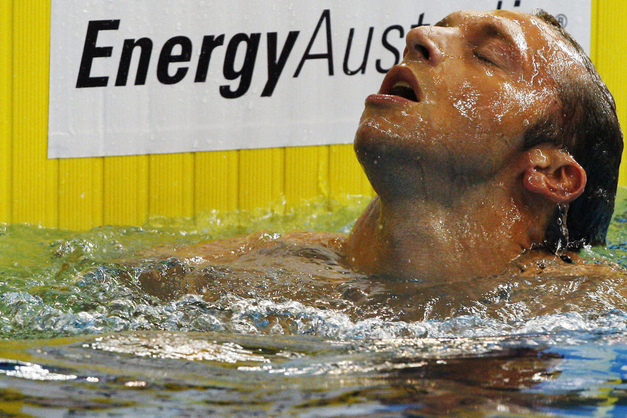 Australia's Ian Thorpe reacts after the men's 200m freestyle semi-finals at the 2012 Australian Swimming Championships to qualify for the 2012 London Olympics, in Adelaide March 16, 2012. Five-times Olympic champion Thorpe's bid to compete at the London Games suffered a major blow on Friday when he failed to make the final of the 200m freestyle at Australia's national swimming trials in Adelaide. REUTERS/Regi Varghese (AUSTRALIA - Tags: SPORT SWIMMING OLYMPICS)