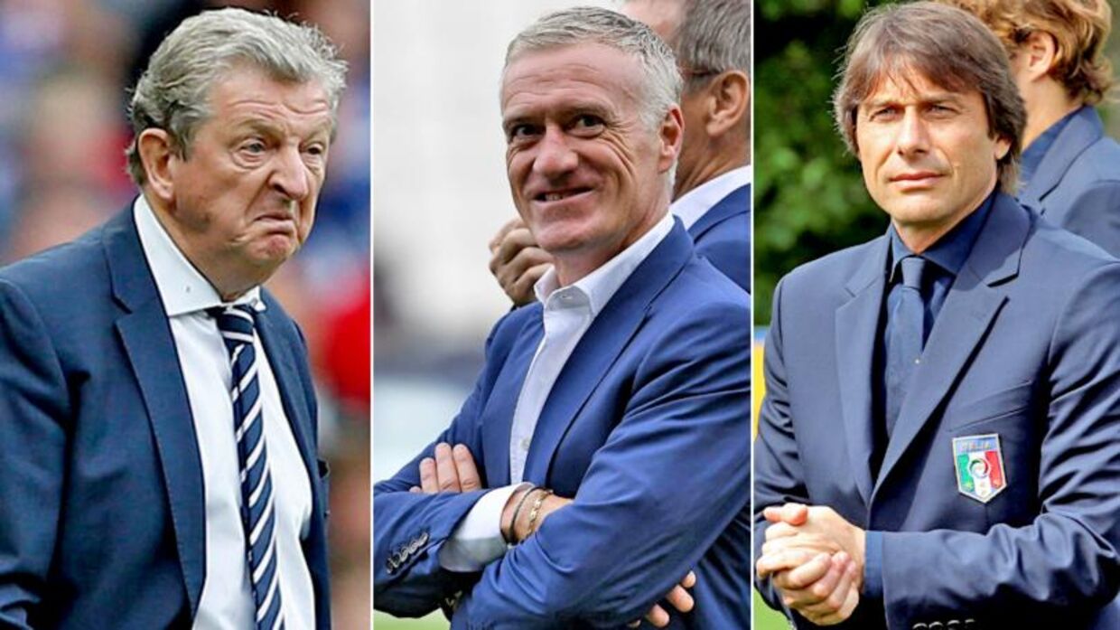 Fra venstre: Englands landstræner Roy Hodgson, Frankrigs landstræner Didier Deschamps og Italiens landstræner Antonio Conte