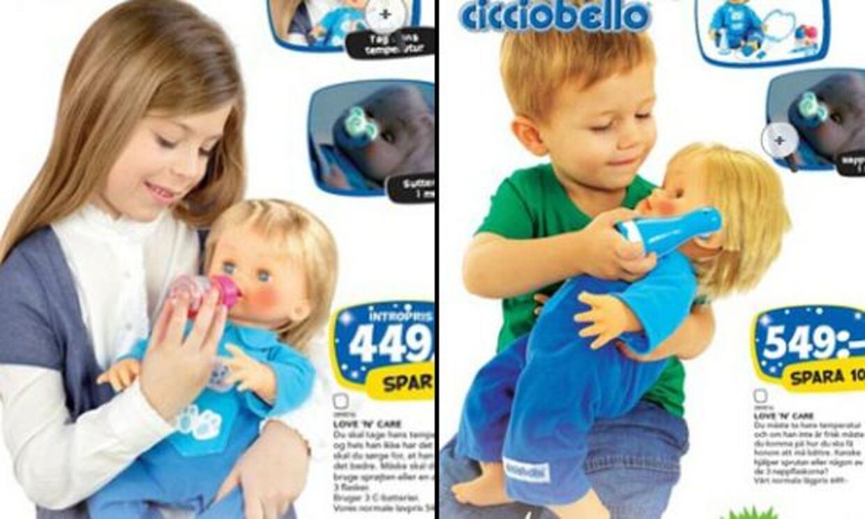 Det danske katalog til venstre: En pige leger med dukke. Det svenske katalog til højre: En dreng leger med dukke.