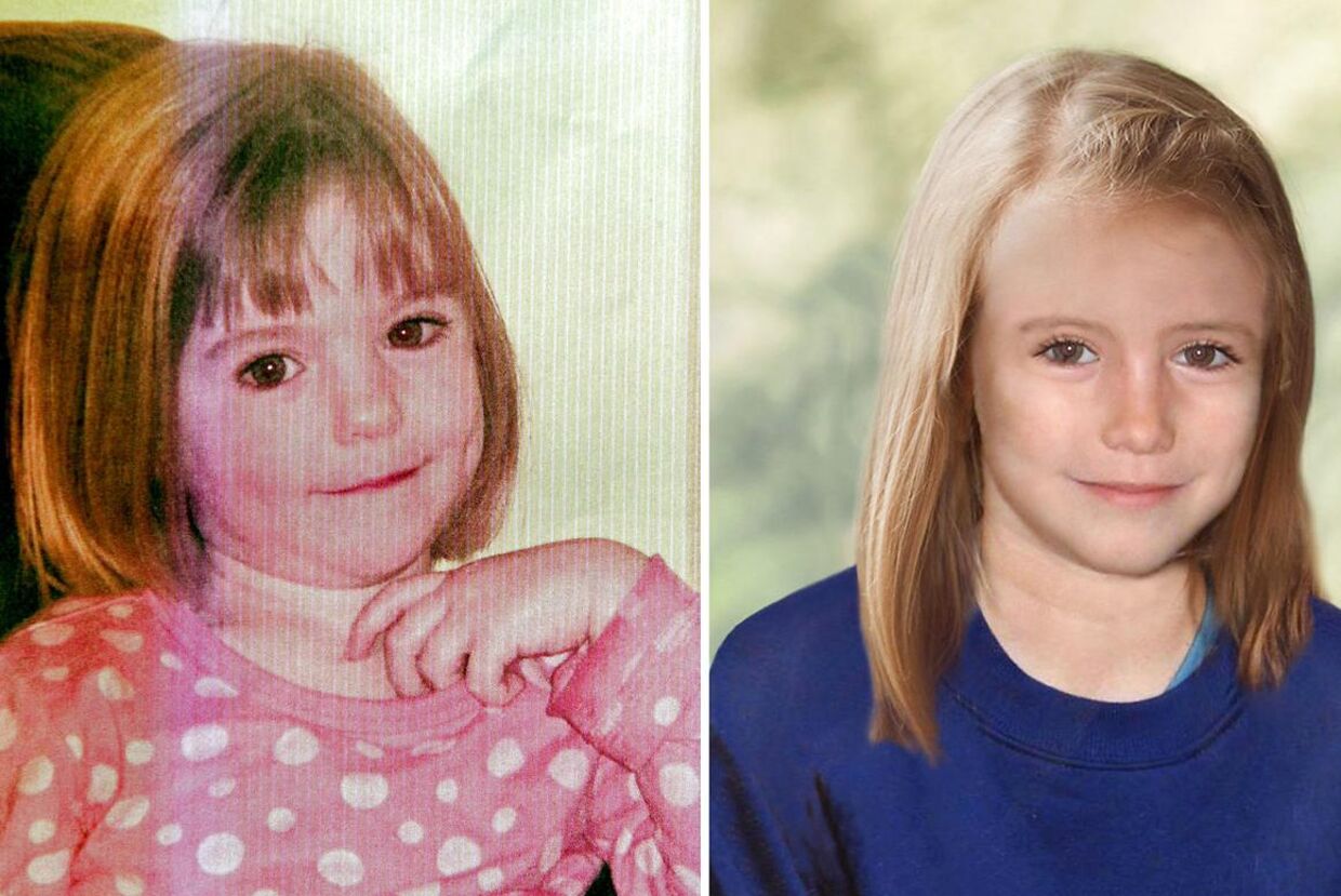 Madeleine McCann sådan som hun så ud i tre-års-alderen - og til venstre hvordan en computer har fremskrevet hendes udseende i dag fem år efter.